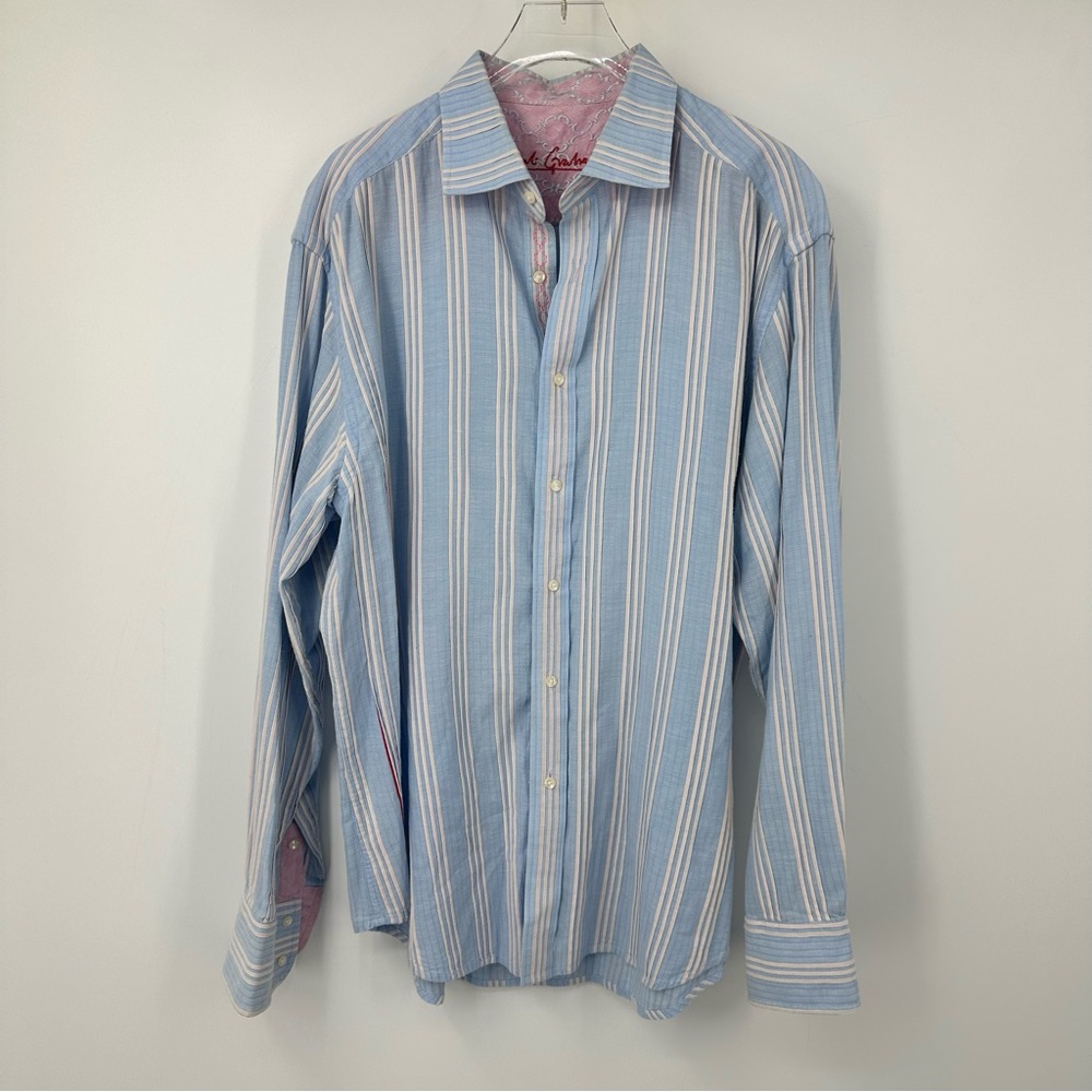 Robert Graham Mens Button Up Long Sleeve Shirt Blue Flip Cuff Stripes XL | Q1946